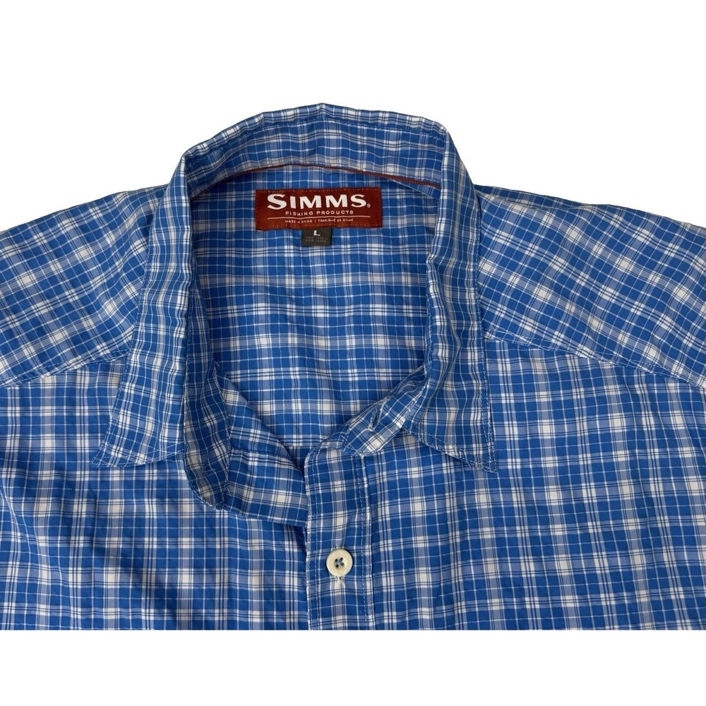 Simms Fishing Shirt Men L Blue Plaid Outdoors Hiking Lightweight Nylon Blend - Picture 3 of 7